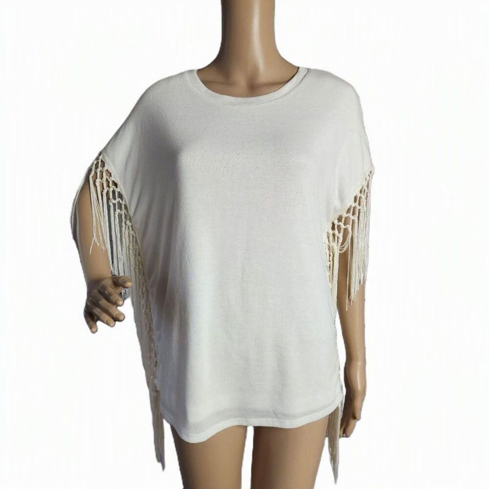 Tbags Los Angeles Macrame Fringe Festival Tee Ivory - Medium NWT - Made in USA